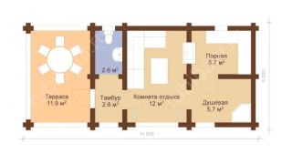Баня из оцилиндрованного бревна 5×11 (ББ-52), 55 м²