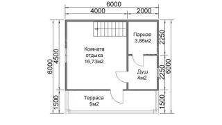 Баня из бруса 6×4 с террасой и балконом (Б-3), 24 м²