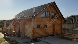 Дом-баня 8×8 с террасой и мансардой, 64 м²